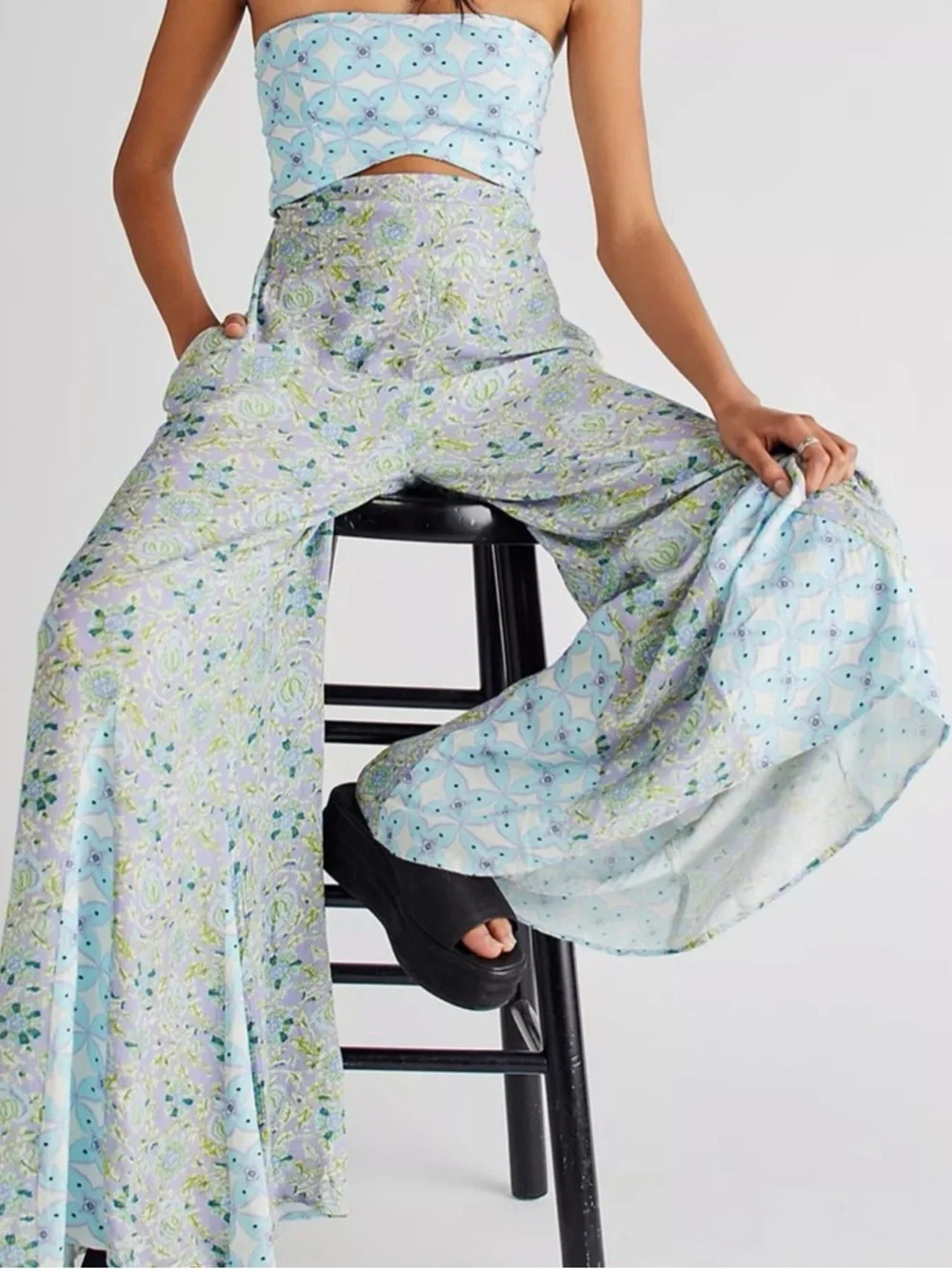 Juliet Wide-Leg Floral Printed Jumpsuit — Light Blue & Lavender - Picture 1 of 2